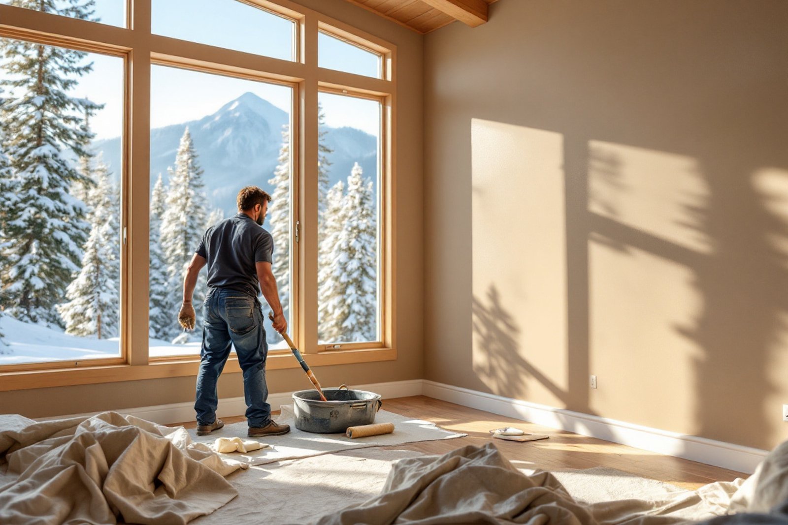 A professional painter rolling warm neutral paint onto the wall of a bright Tahoe living room, with snow-covered pines and a Sierra peak visible through large windows