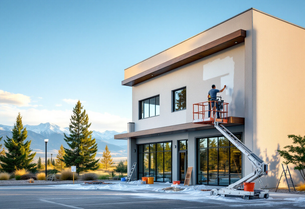 Professional painter on a boom lift rolling fresh paint onto the stucco facade of a modern two-story commercial building in Northern Nevada, with snow-dusted Sierra peaks and pines in the background