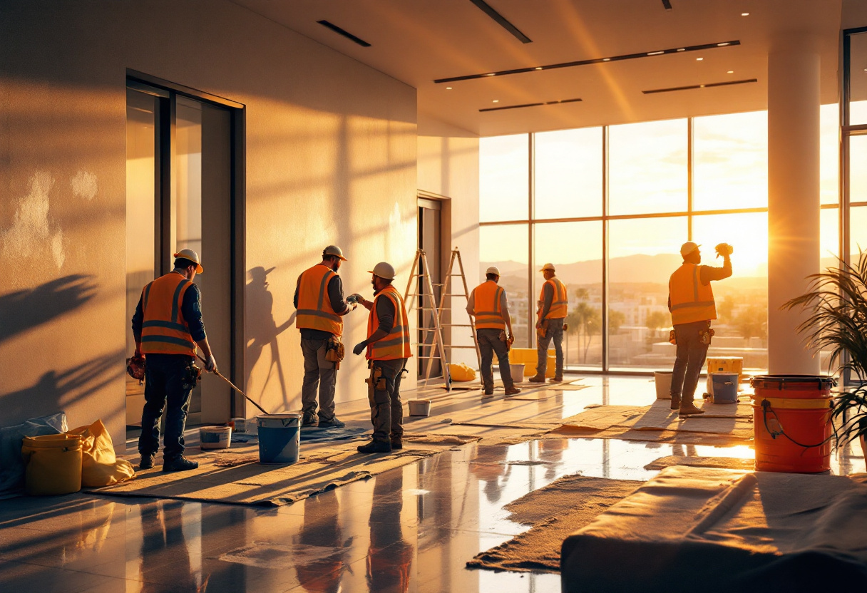 Painting crew working an after-hours commercial repaint in a Northern Nevada office lobby