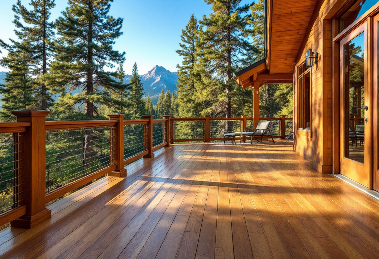 A freshly stained wood deck at a Sierra Nevada mountain home with pine trees and a granite peak in the background