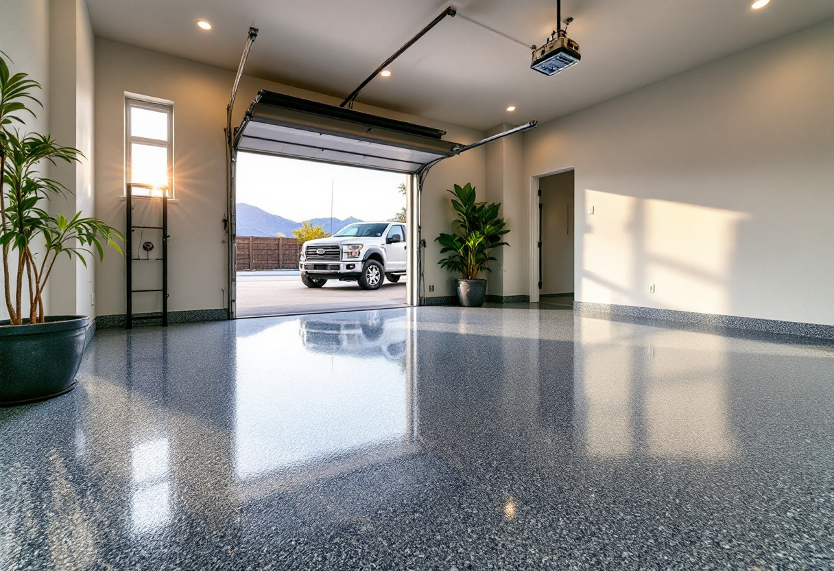 Glossy decorative flake epoxy and polyaspartic garage floor coating in a Northern Nevada home