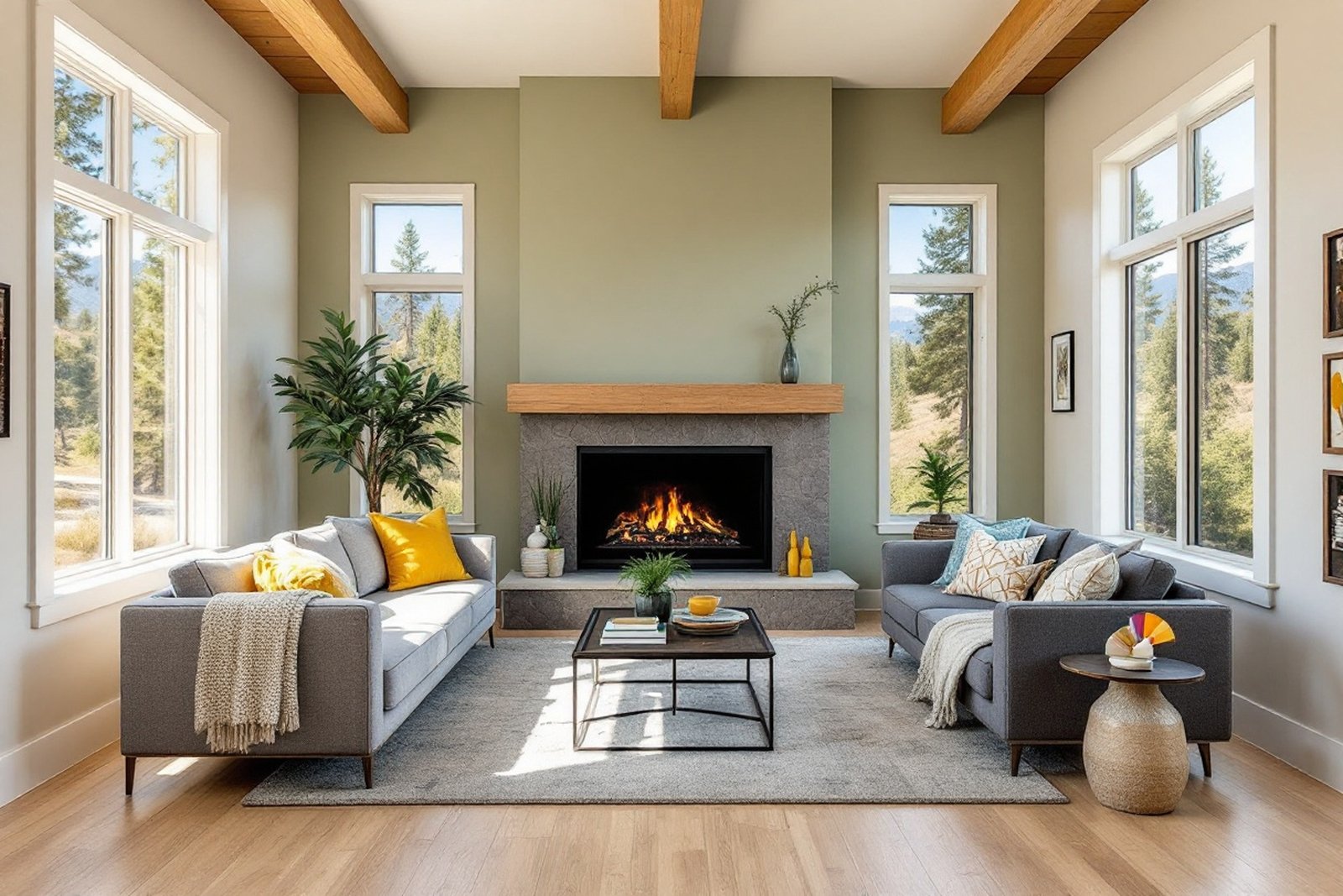 A bright Sierra living room with a warm sage-green feature wall, white trim, oak floors, and pine trees visible through large windows