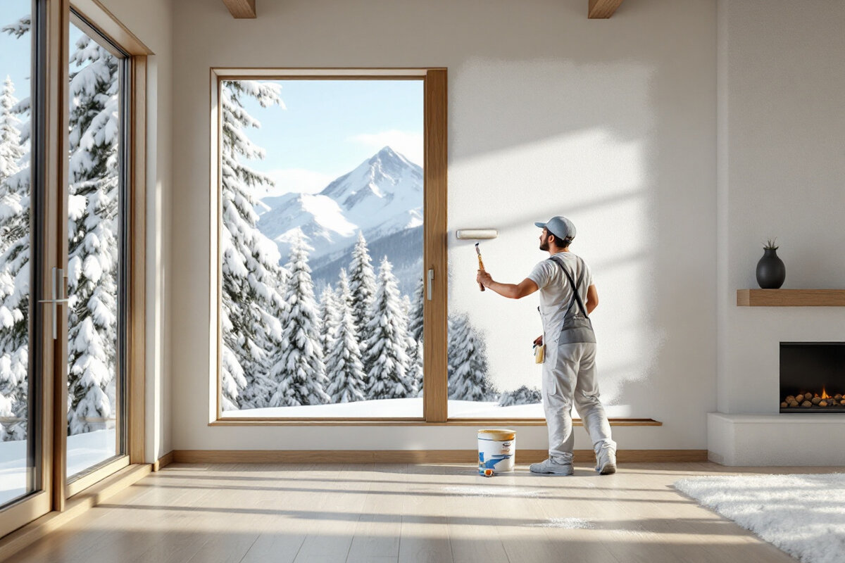 A professional painter rolling fresh low-VOC paint onto the wall of a bright, airy Sierra Nevada living room with snow-dusted pines and a mountain peak visible through large windows