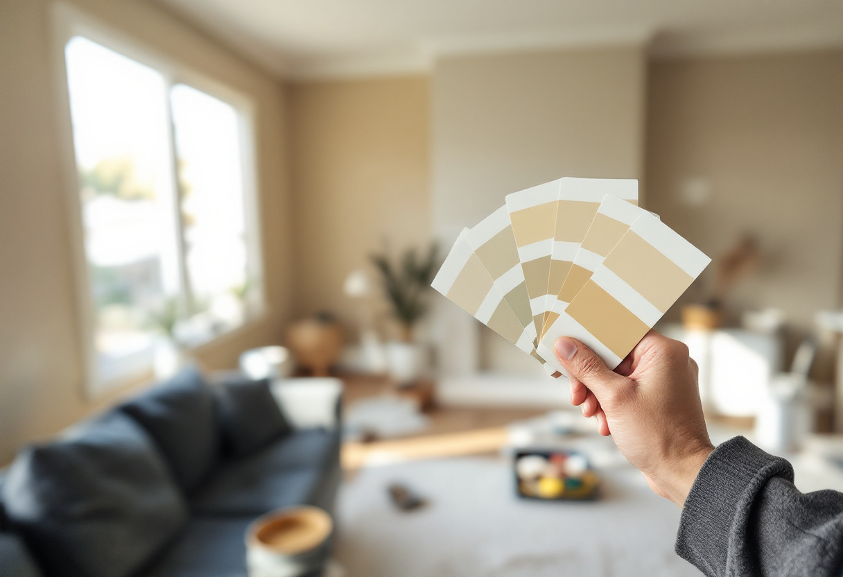 A hand holding a fan of paint sheen sample cards in a bright Reno living room mid-repaint