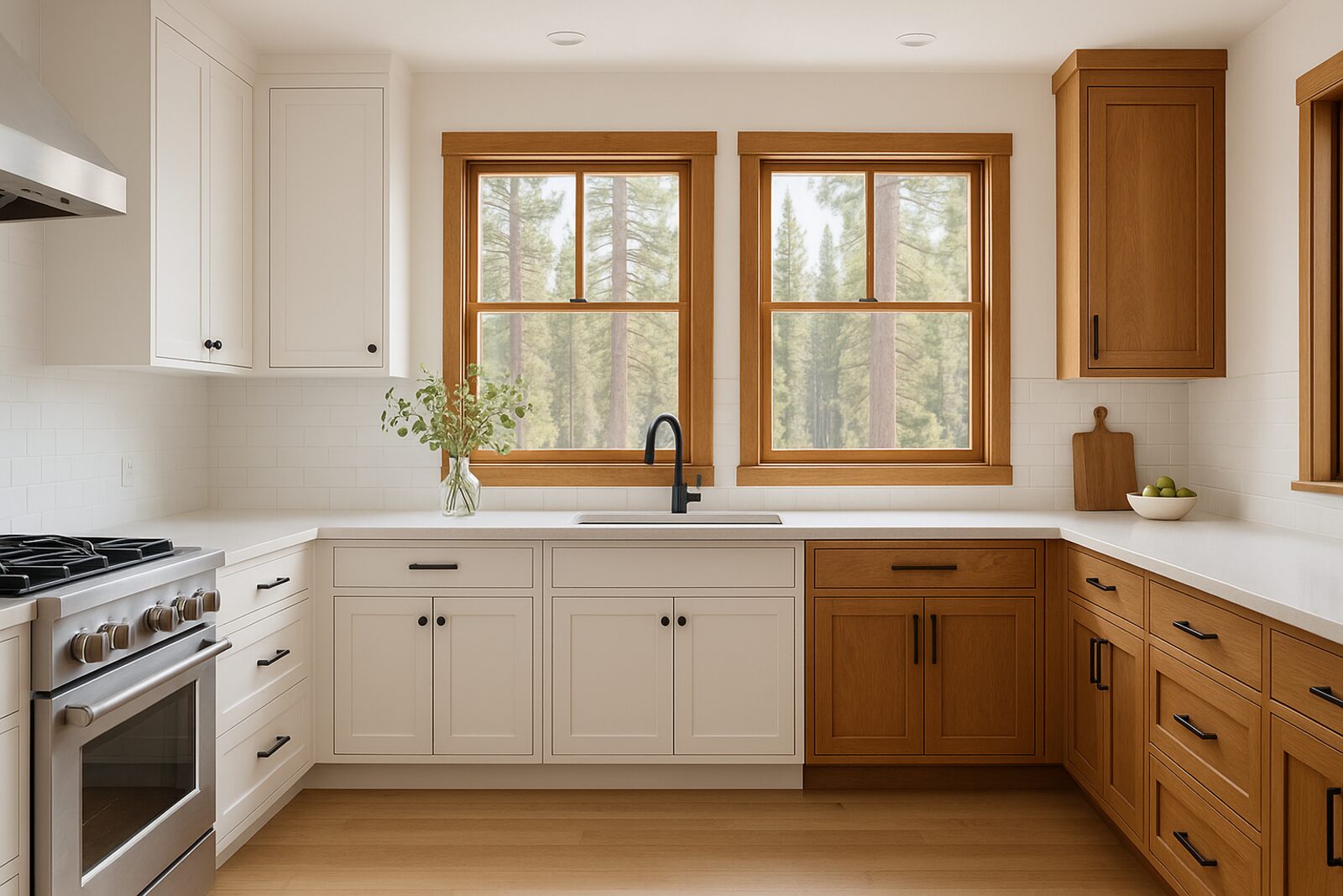 A bright Sierra Nevada kitchen showing white painted shaker cabinets on one side and warm natural wood-stained cabinets on the other, with pine trees visible through the windows