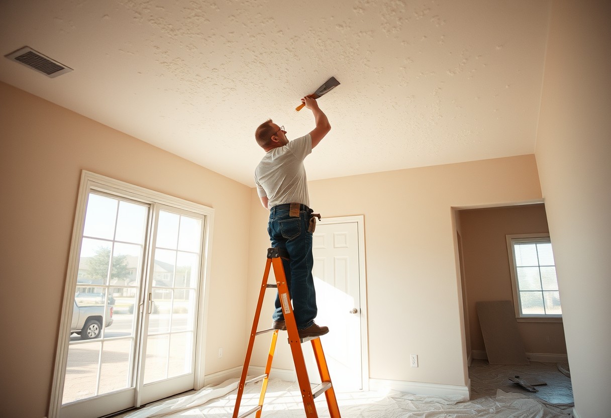 Contractor on a ladder scraping textured popcorn ceiling in a sunlit Nevada home with the floor protected by drop cloths