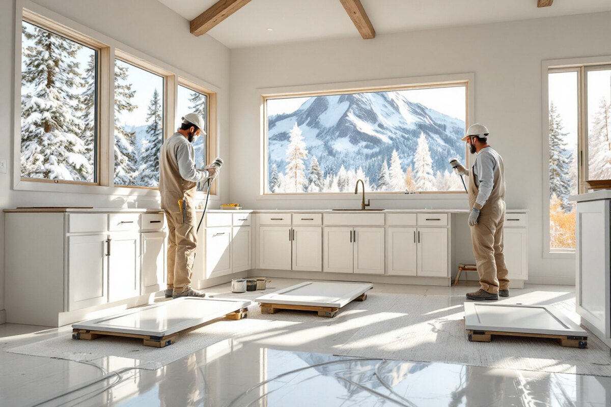 Two professional painters spray a smooth warm-white enamel finish onto kitchen cabinet doors on sawhorses inside a bright Northern Nevada home, a glossy epoxy floor underfoot and snow-covered pines and a Sierra peak through the windows