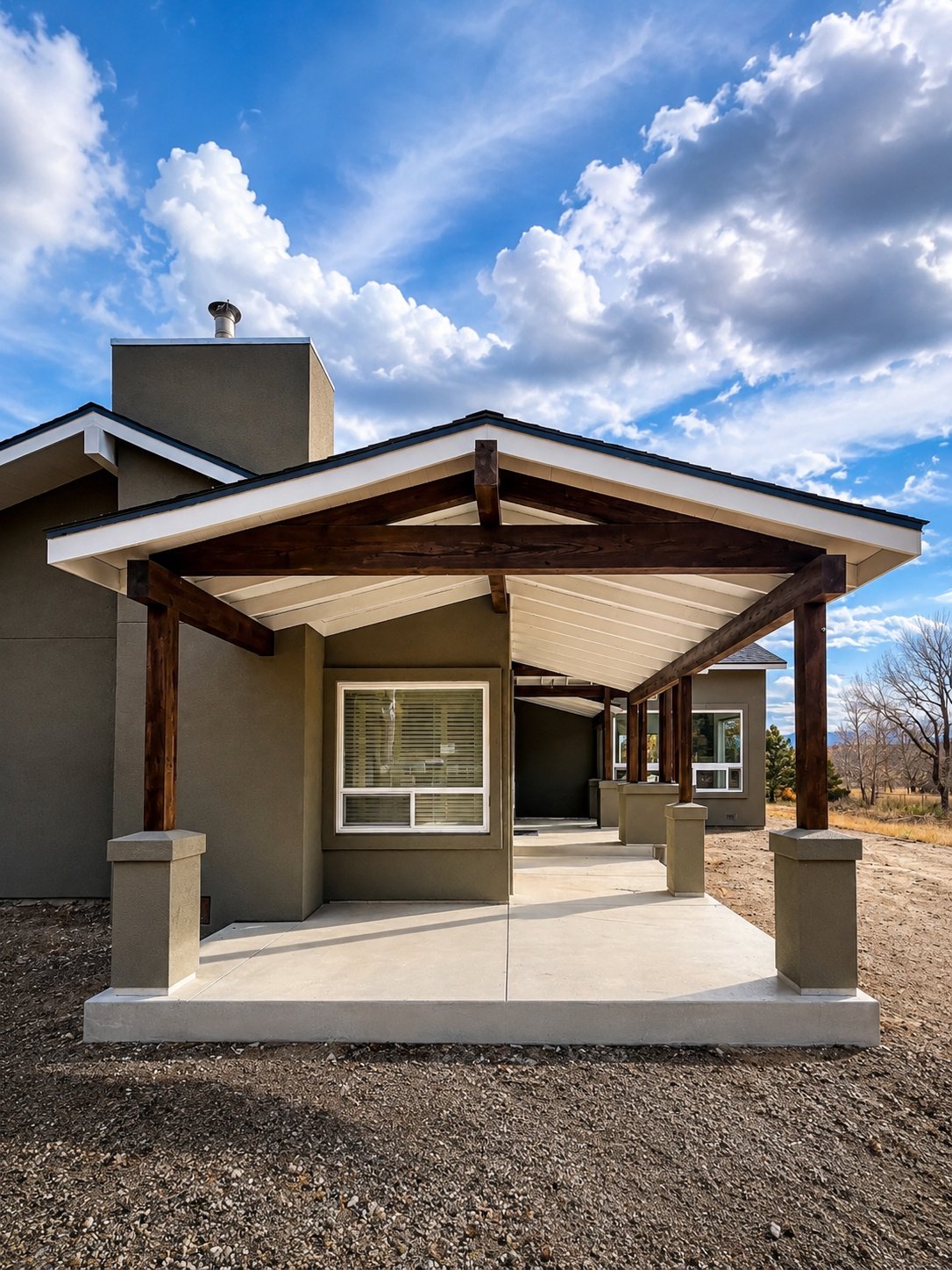 Exterior repaint of a covered patio and stone-column home in Northern Nevada