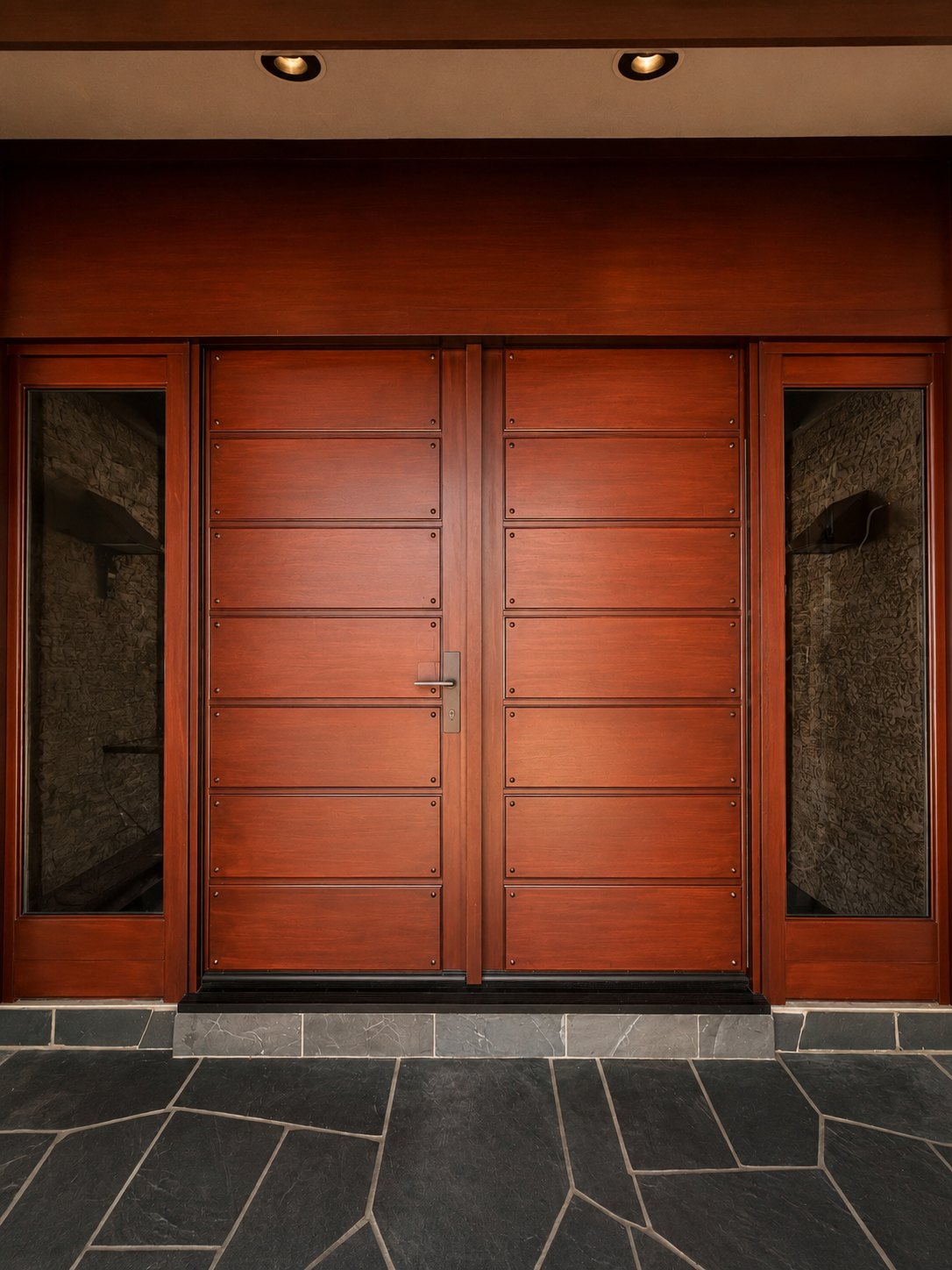 Refinishing of wood double entry doors with a slate surround in Northern Nevada