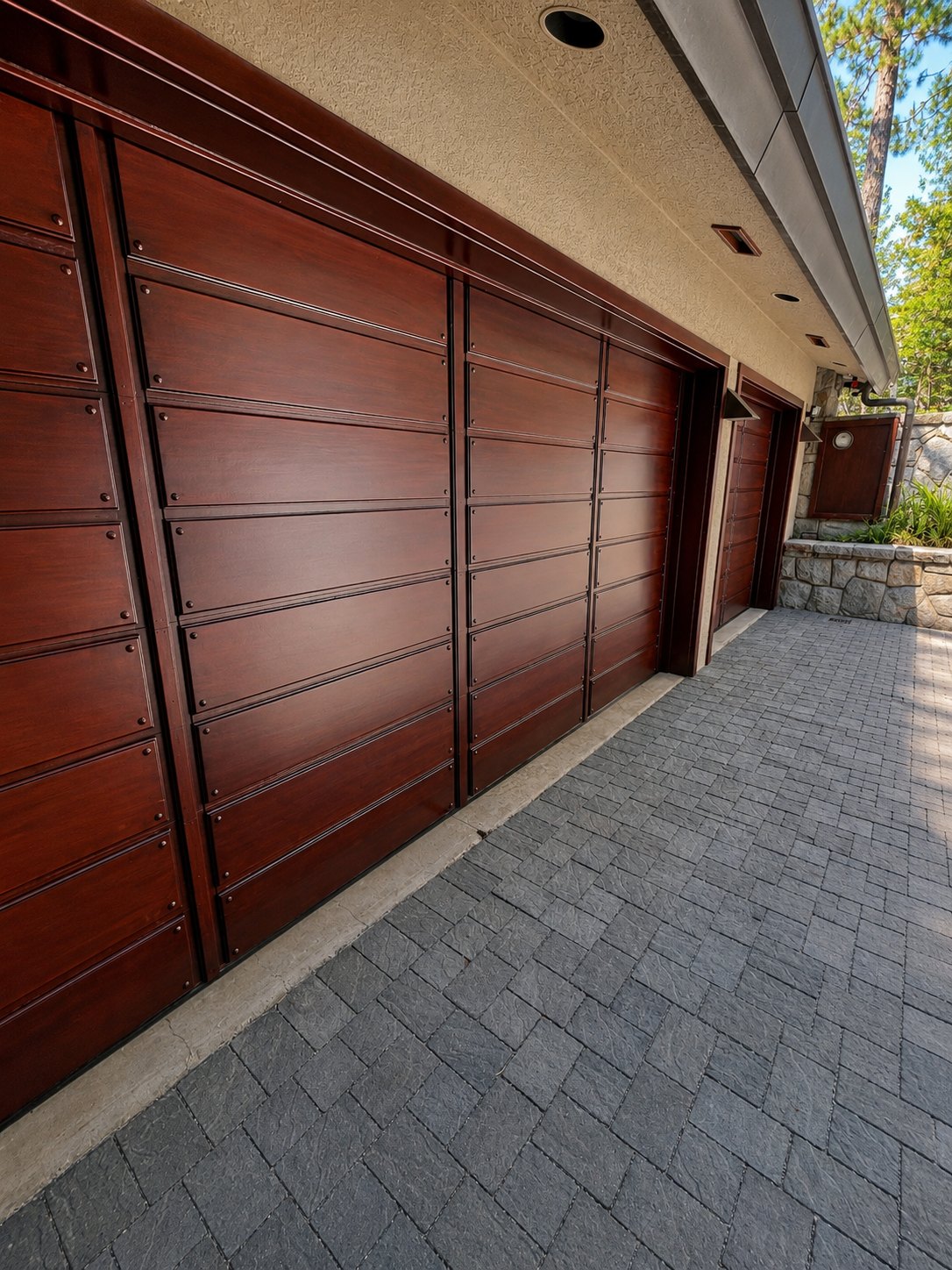 Staining of richly finished wood garage doors beside a paver driveway in Northern Nevada