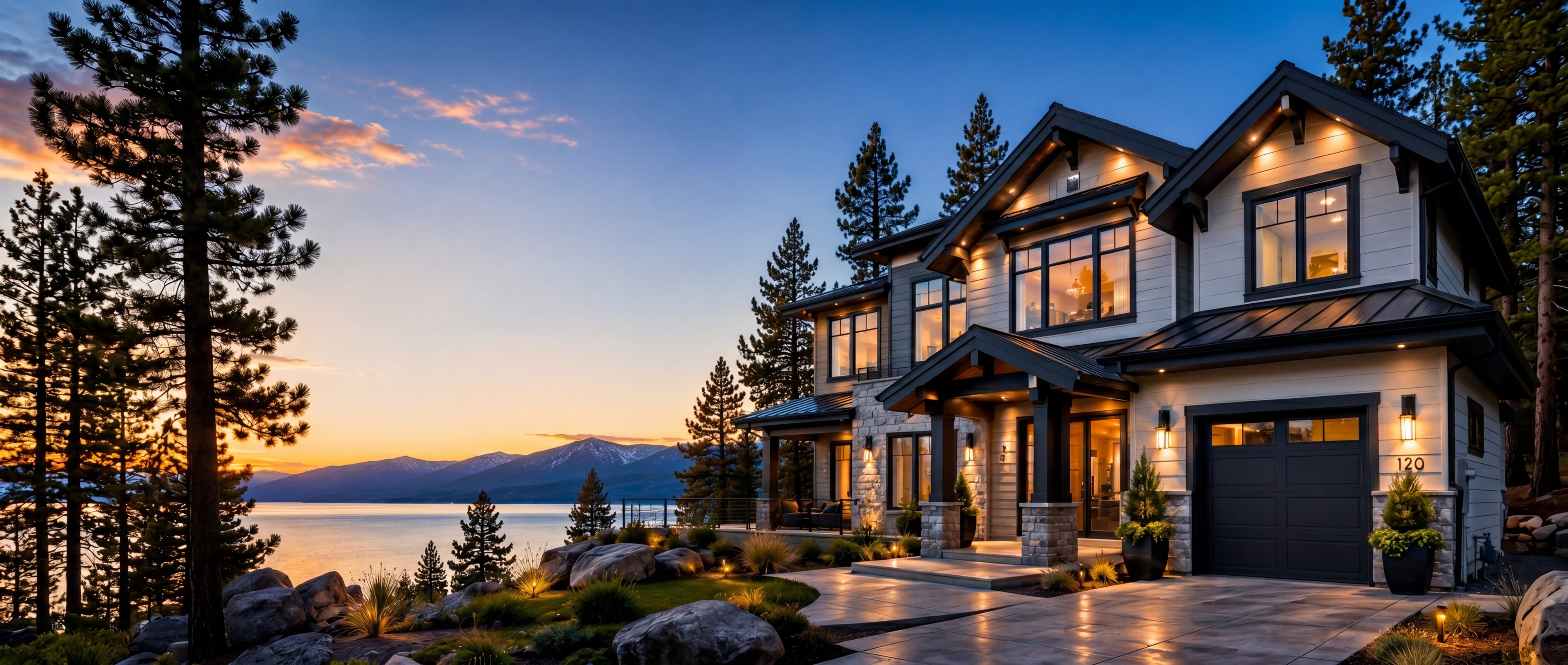 Luxury Lake Tahoe home at dusk