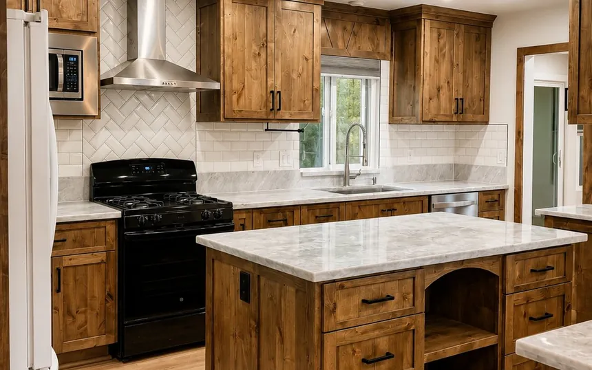 Knotty-alder kitchen cabinetry with quartz countertops